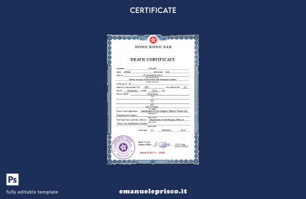 modello PSD del certificato di morte dello stato di stato di Hong Kong in stile 
